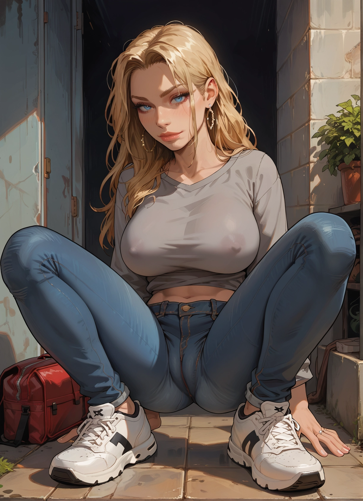 1girl, breasts, jewelry, blonde hair, blue eyes, pants · Yamete.gg