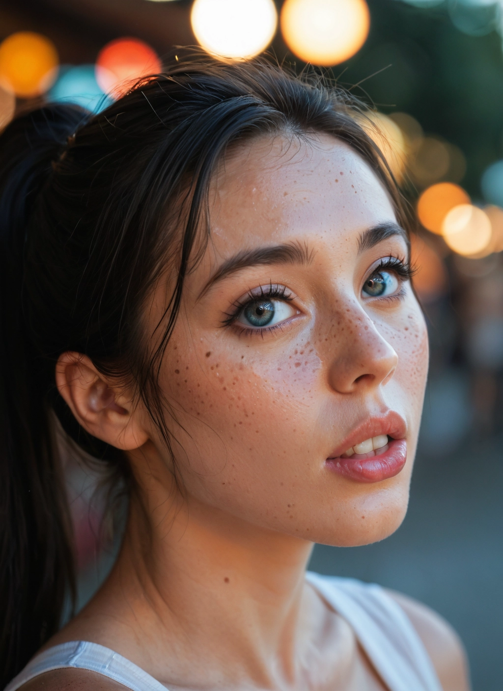 1girl, solo, ponytail, freckles, realistic, looking at viewer · Yamete.gg