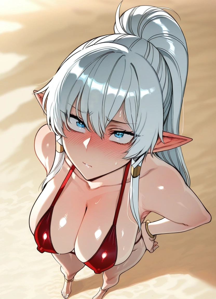 1girl, breasts, swimsuit, pointy ears, blush, blue eyes · Yamete.gg