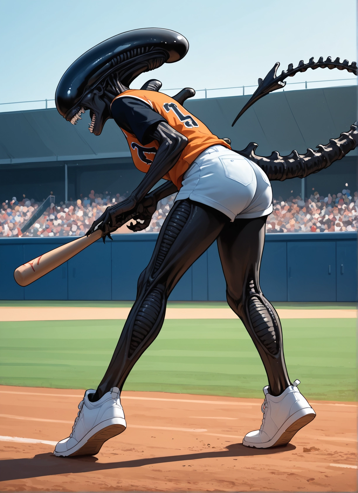 1girl, shorts, baseball bat, tail, shoes, teeth · Yamete.gg