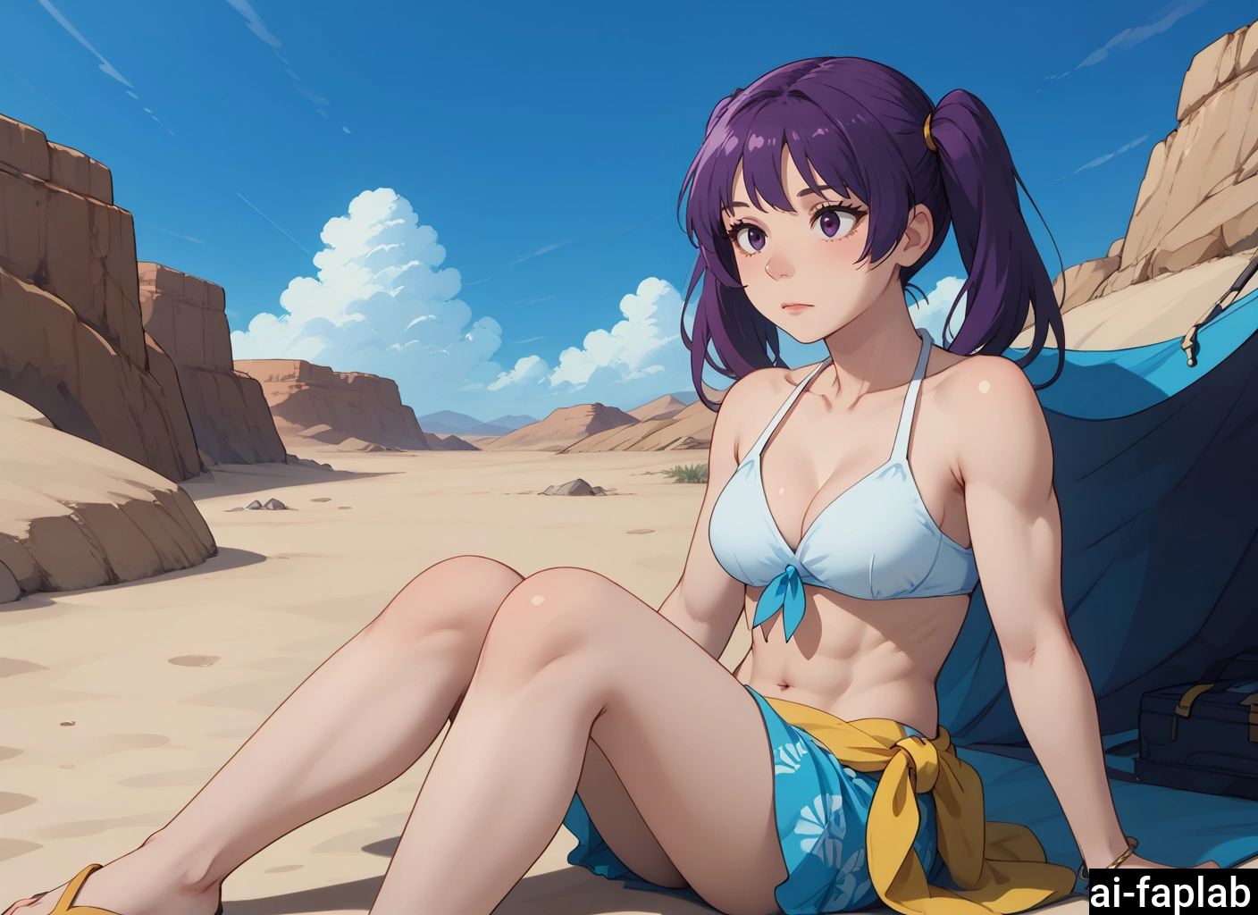 1girl, swimsuit, twintails, purple hair, solo, bikini · Yamete.gg
