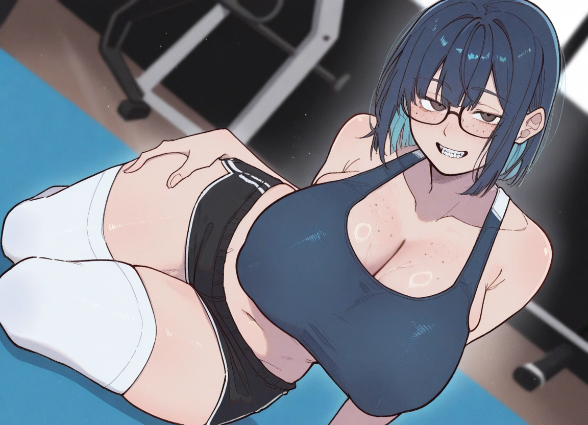 1girl, breasts, thighhighs, freckles, shorts, smile · Yamete.gg