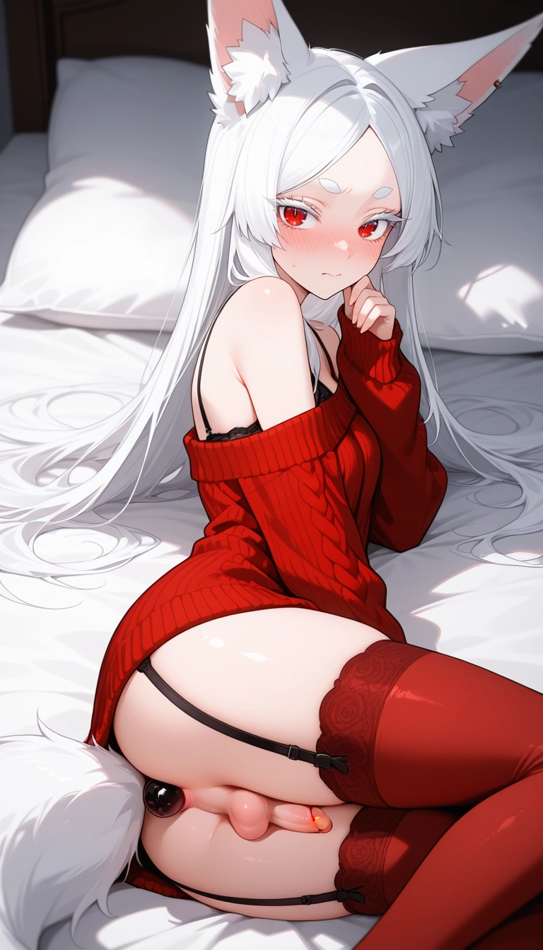 on side, solo, red sweater, lying, long hair, sex toy · Yamete.gg