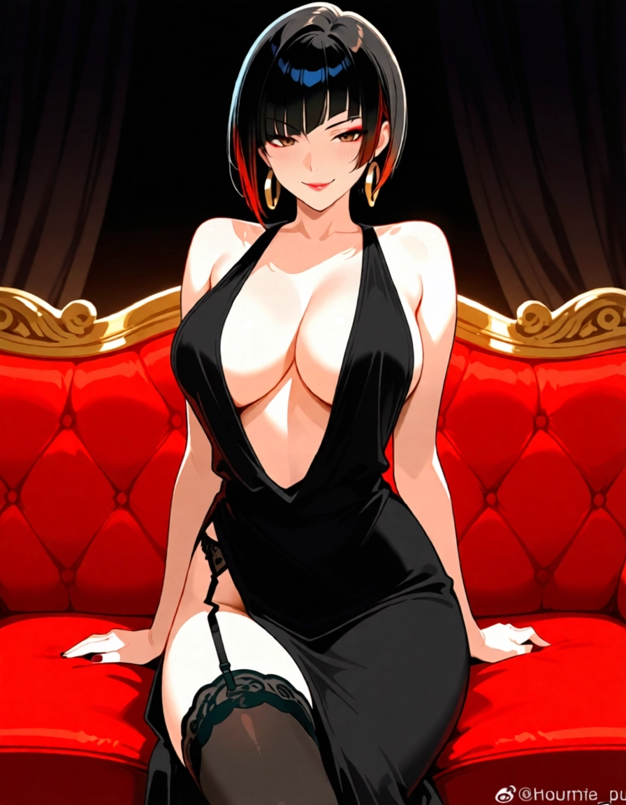 1girl, breasts, solo, black hair, dress, jewelry · Yamete.gg