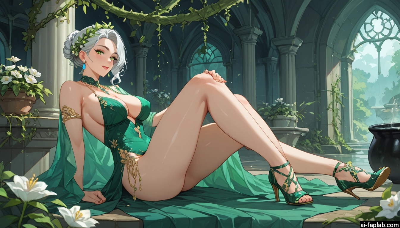 1girl, breasts, green eyes, dress, high heels, flower · Yamete.gg