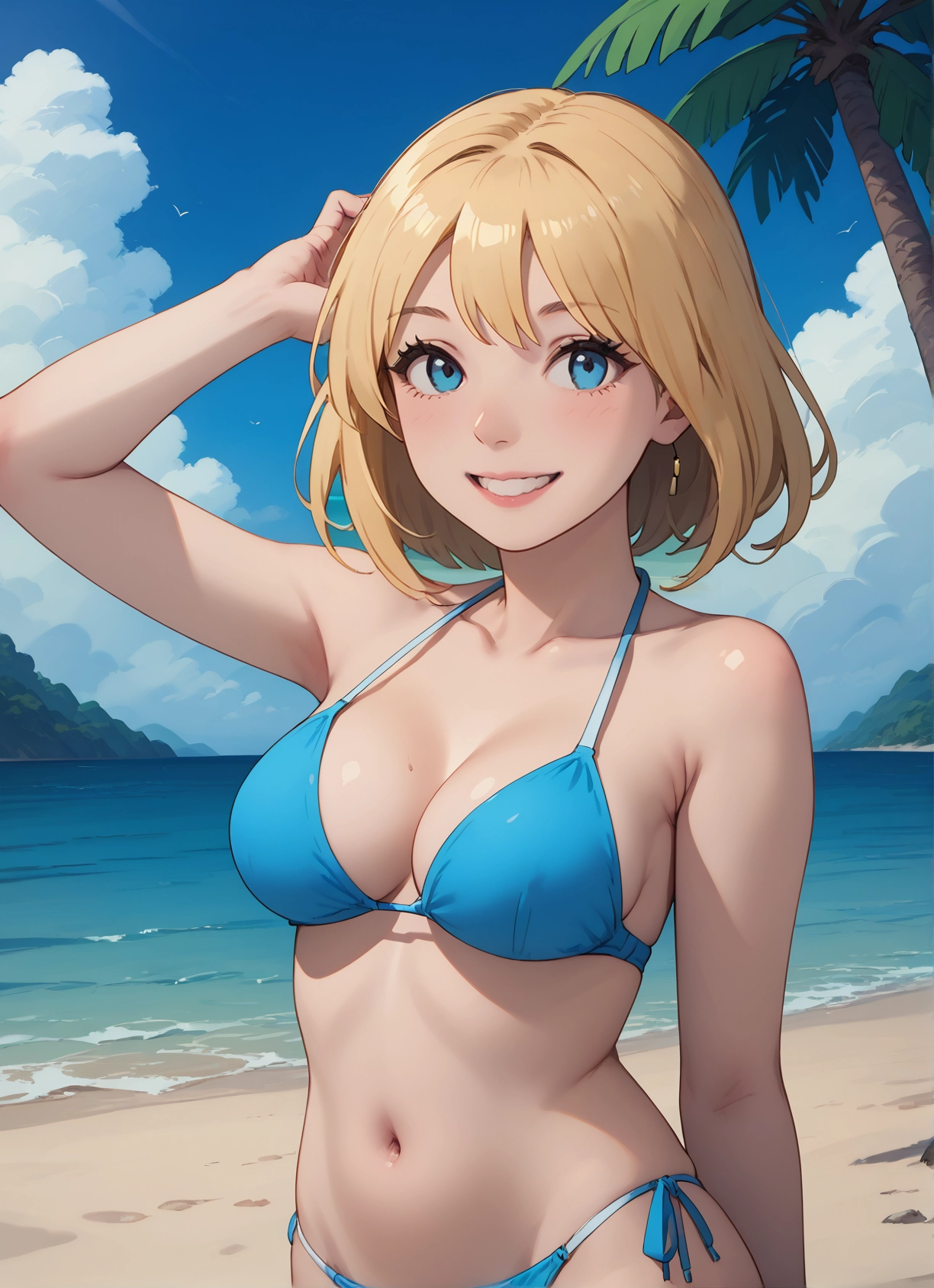 1girl, outdoors, breasts, swimsuit, solo, smile