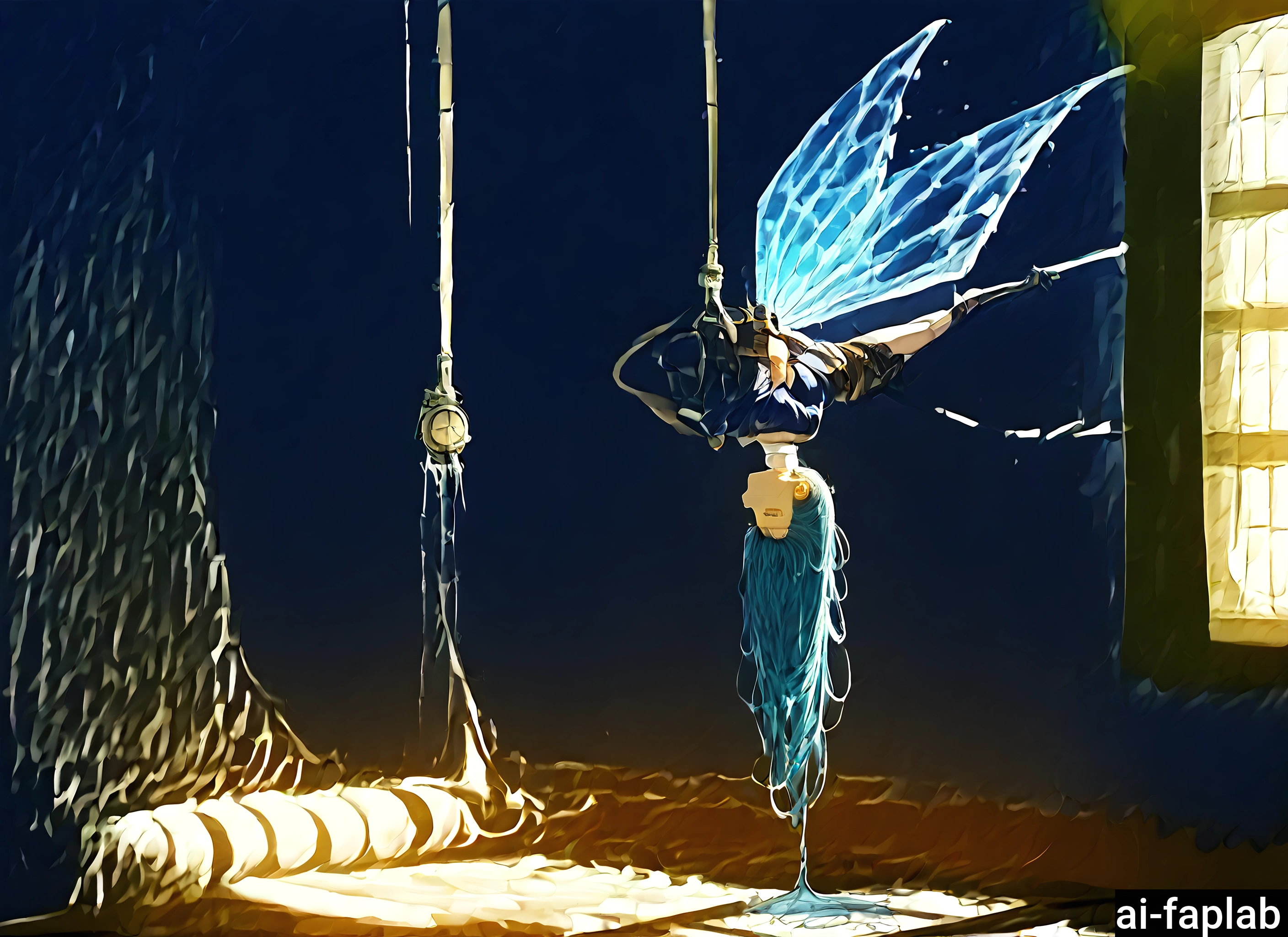 upside-down, solo, blue hair, 1girl, long hair, wings · Yamete.gg