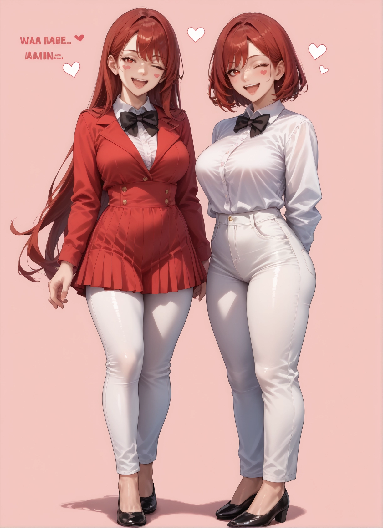 multiple girls, 2girls, breasts, one eye closed, open mouth, pants · Yamete.gg