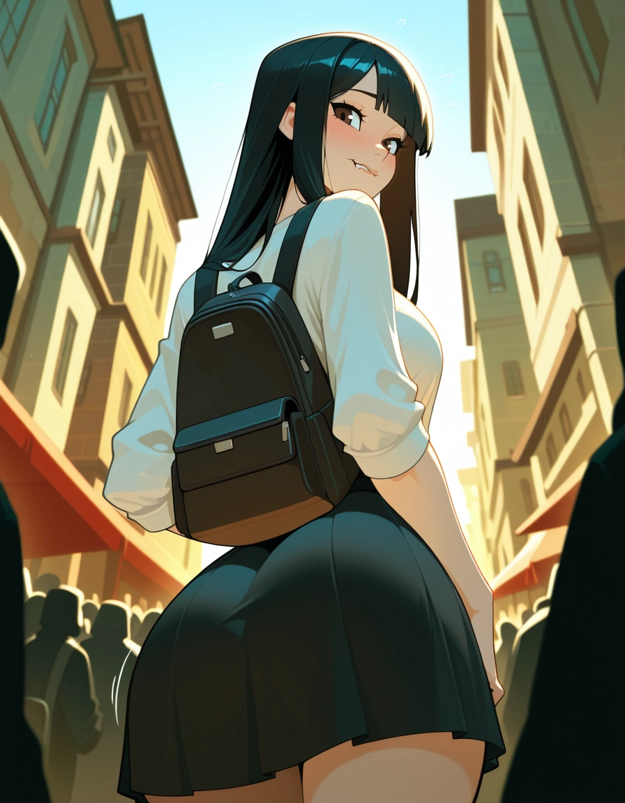 1girl, ass, skirt, black hair, backpack, long hair · Yamete.gg