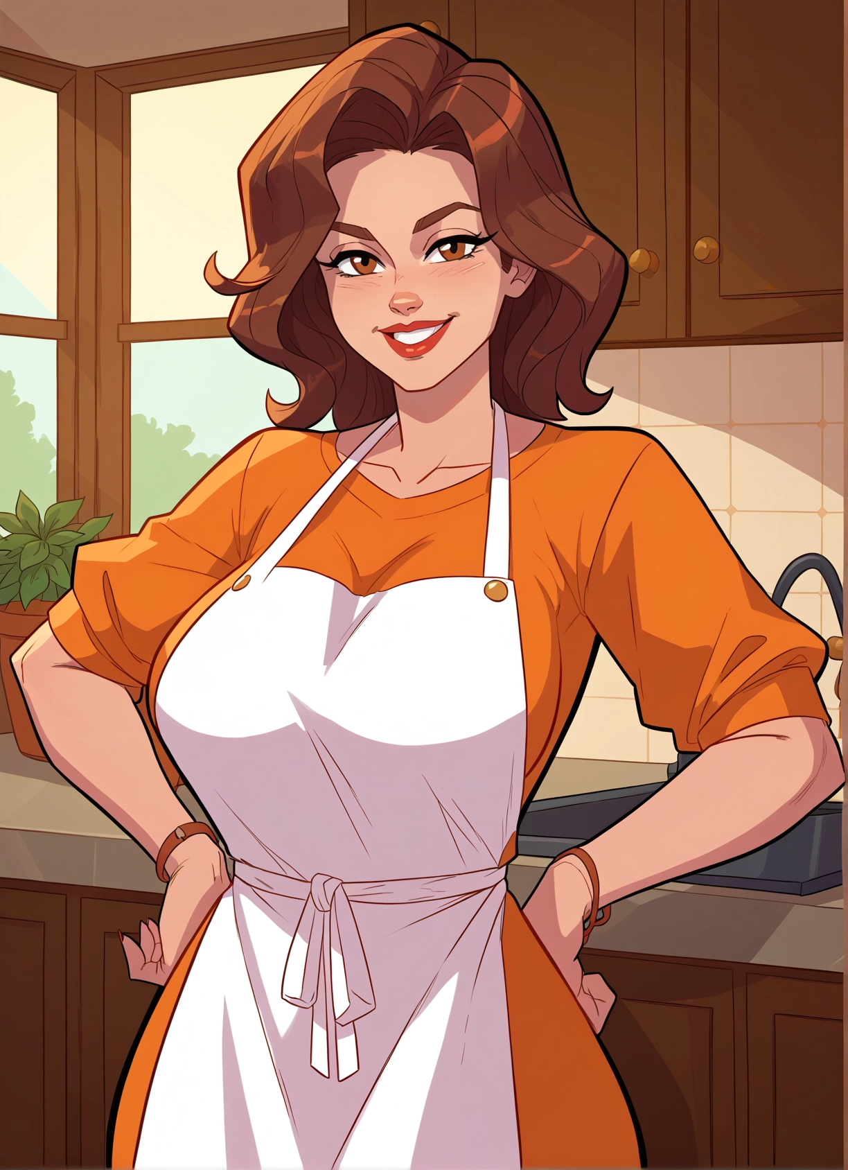 1girl, brown hair, breasts, apron, smile, solo · Yamete.gg