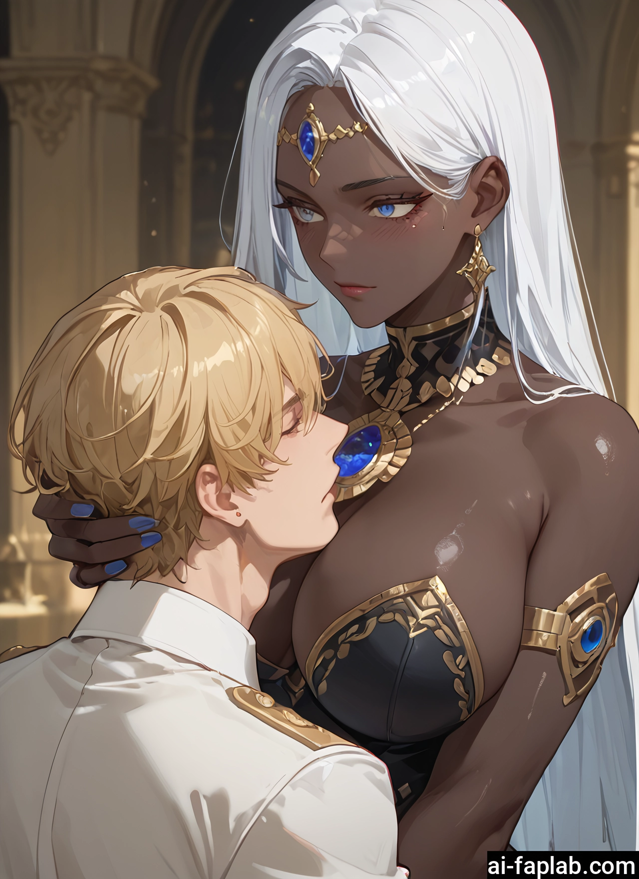 1girl, breasts, 1boy, dark skin, jewelry, blonde hair · Yamete.gg