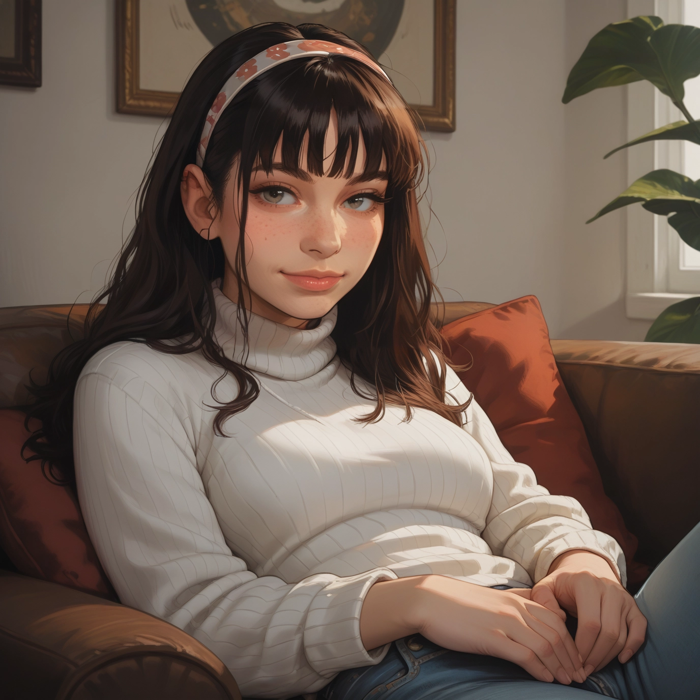 1girl, solo, sweater, freckles, hairband, brown hair · Yamete.gg