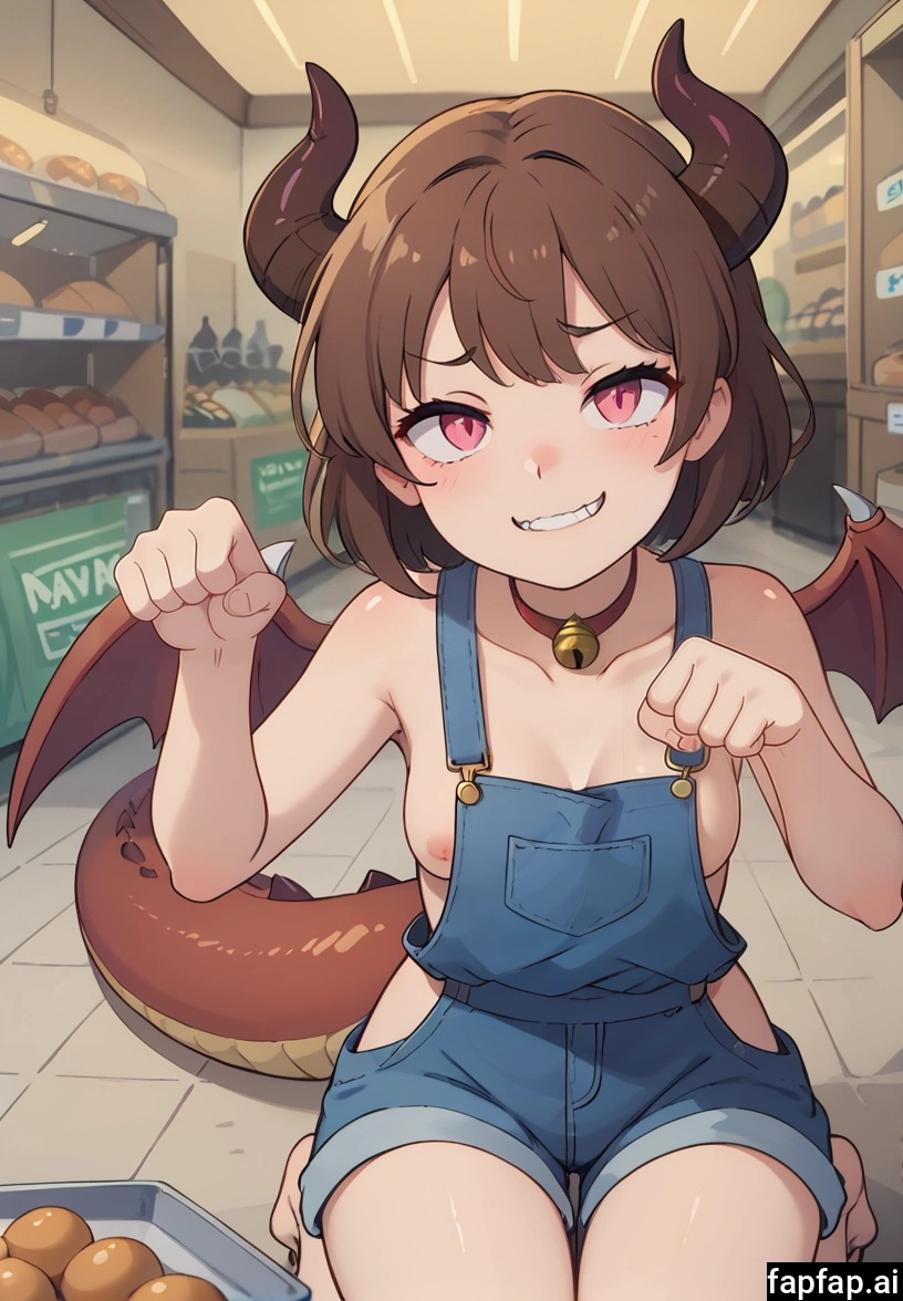 1girl, breasts, horns, solo, wings, brown hair · Yamete.gg