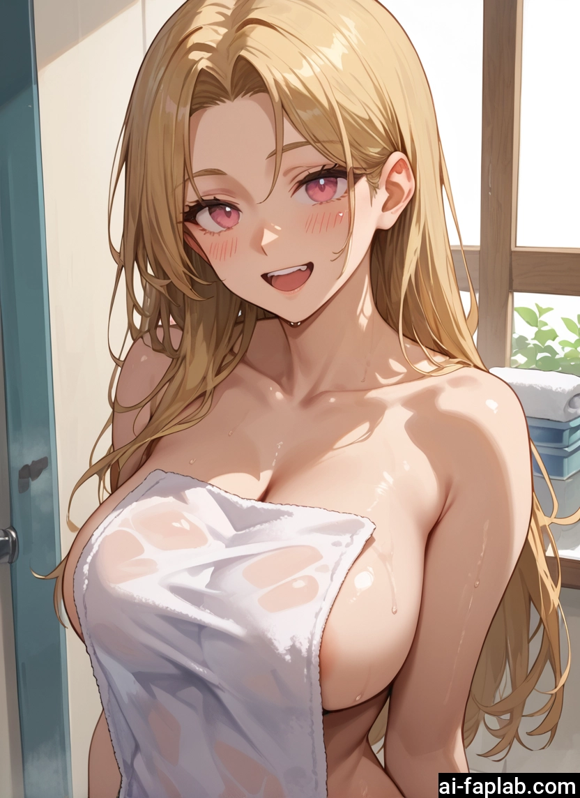 1girl, breasts, long hair, towel, open mouth, blonde hair · Yamete.gg