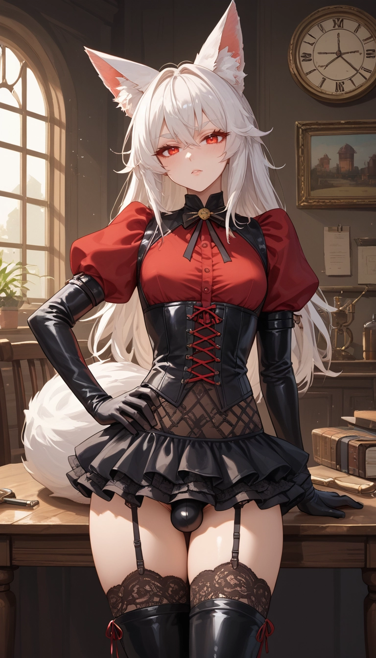 solo, thighhighs, red eyes, garter straps, gloves, indoors · Yamete.gg