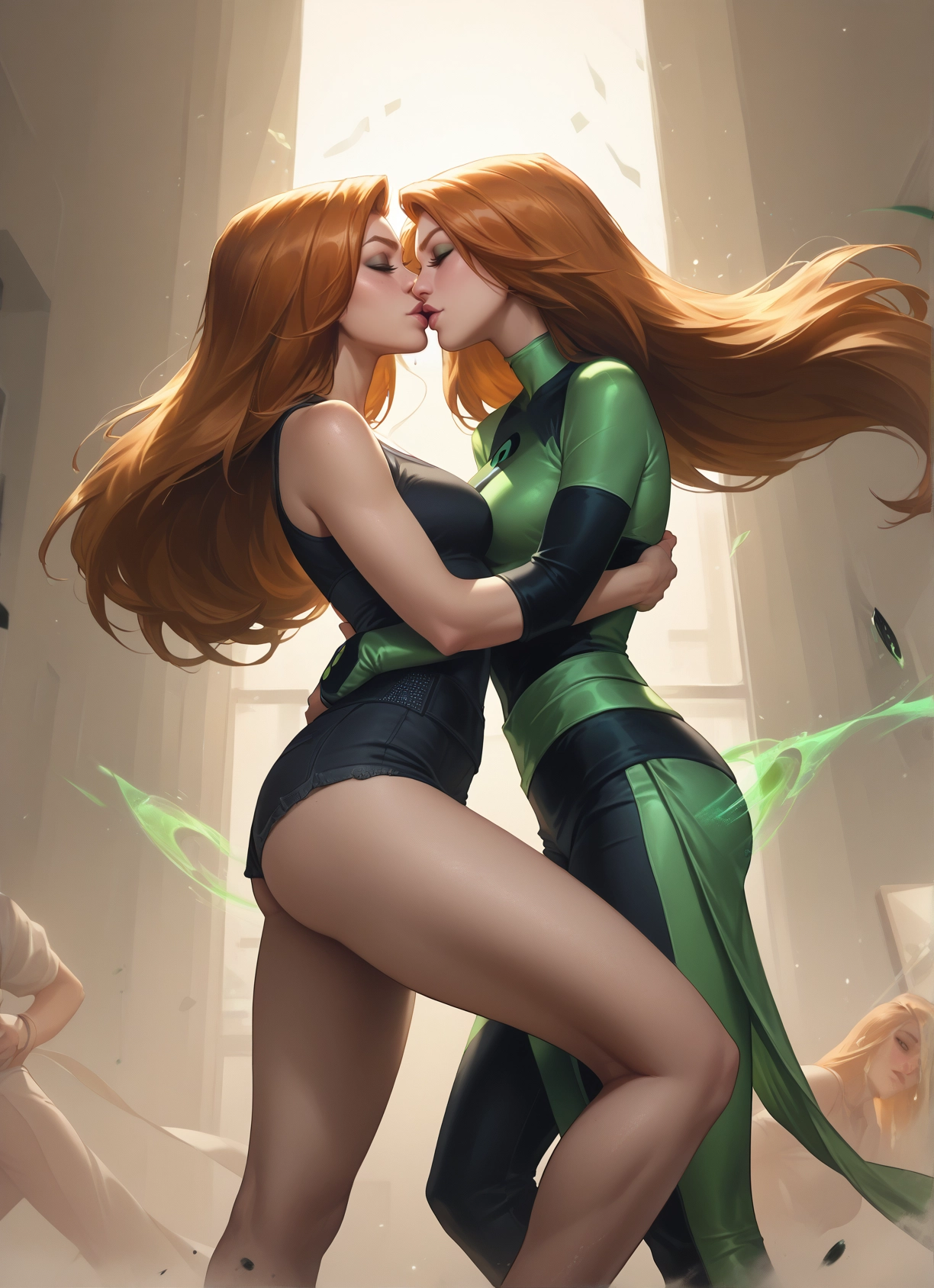 yuri, multiple girls, long hair, kiss, closed eyes, breasts · Yamete.gg