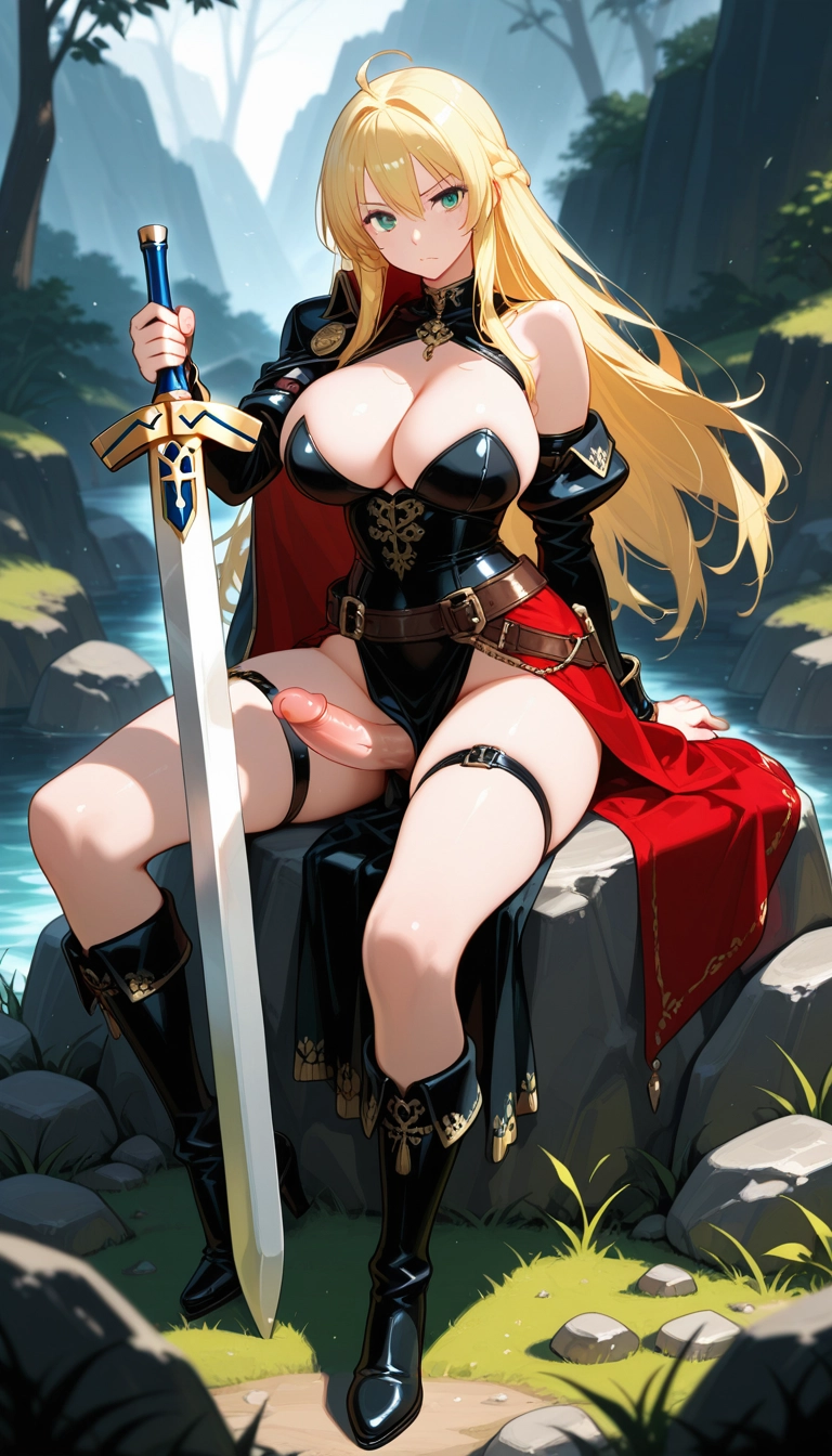 futanari, breasts, 1girl, blonde hair, weapon, sword