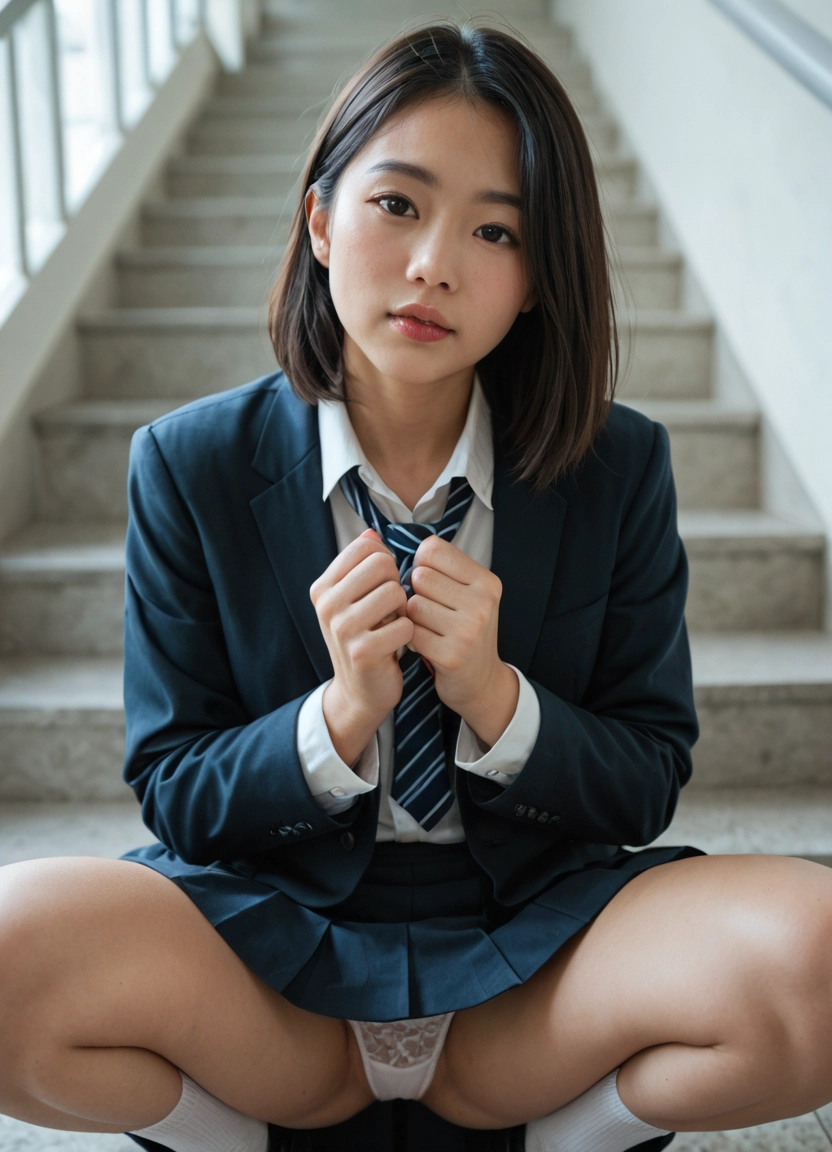 1girl, solo, underwear, panties, school uniform, photo (medium)
