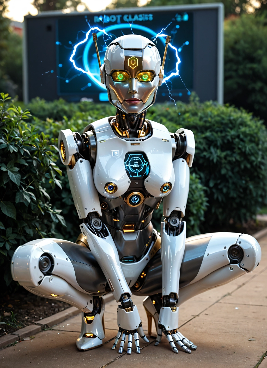 1girl, solo, squatting, electricity, looking at viewer, robot joints · Yamete.gg