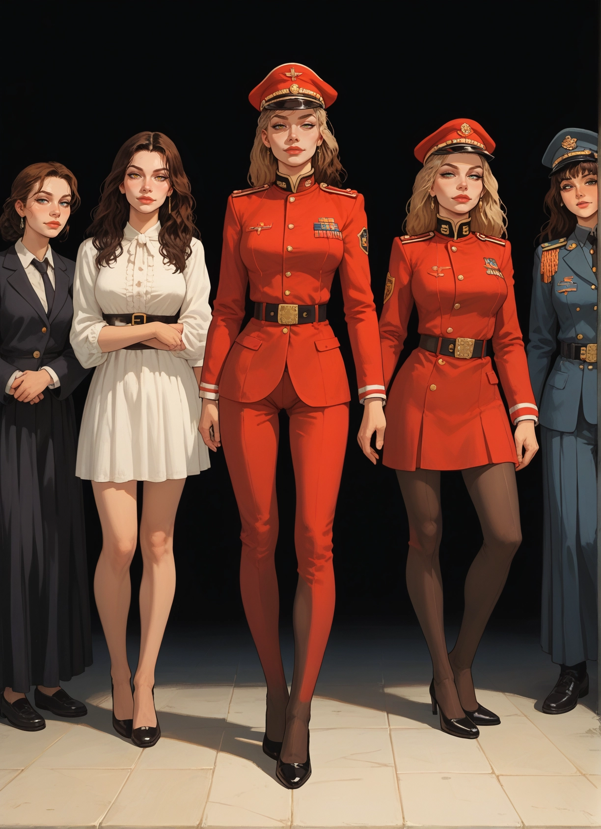 multiple girls, pantyhose, 4girls, uniform, hat, military · Yamete.gg