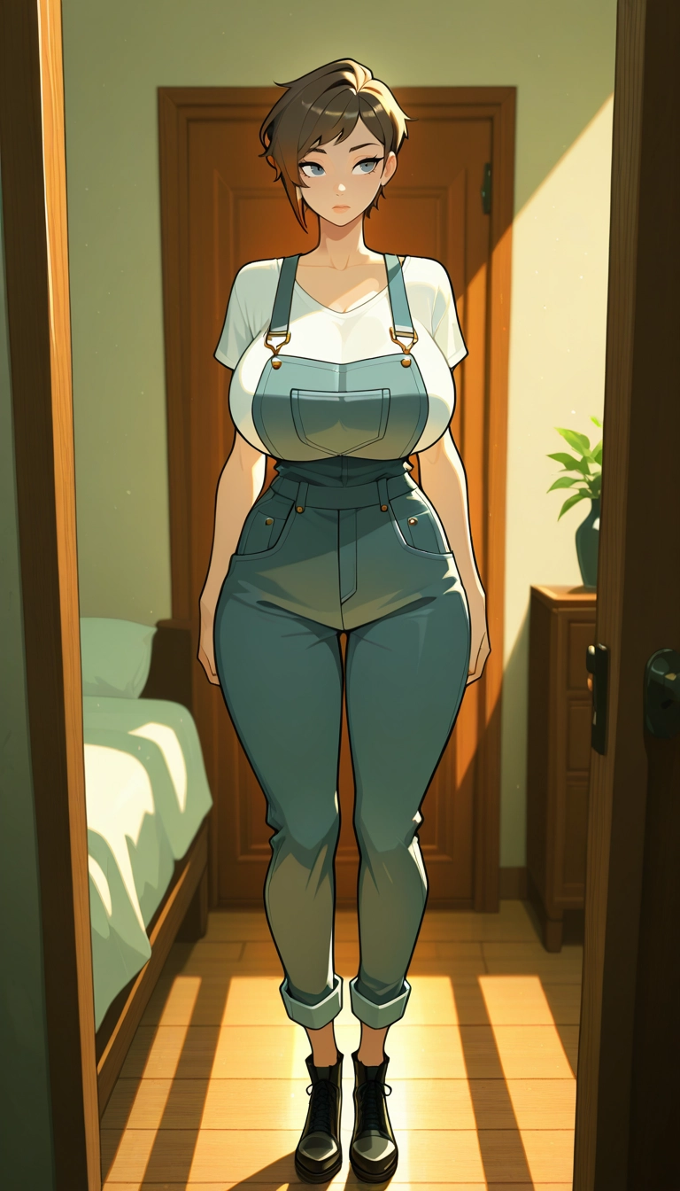 1girl, solo, breasts, short hair, overalls, shirt