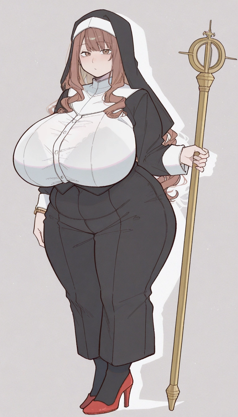 1girl, breasts, solo, nun, brown hair, staff