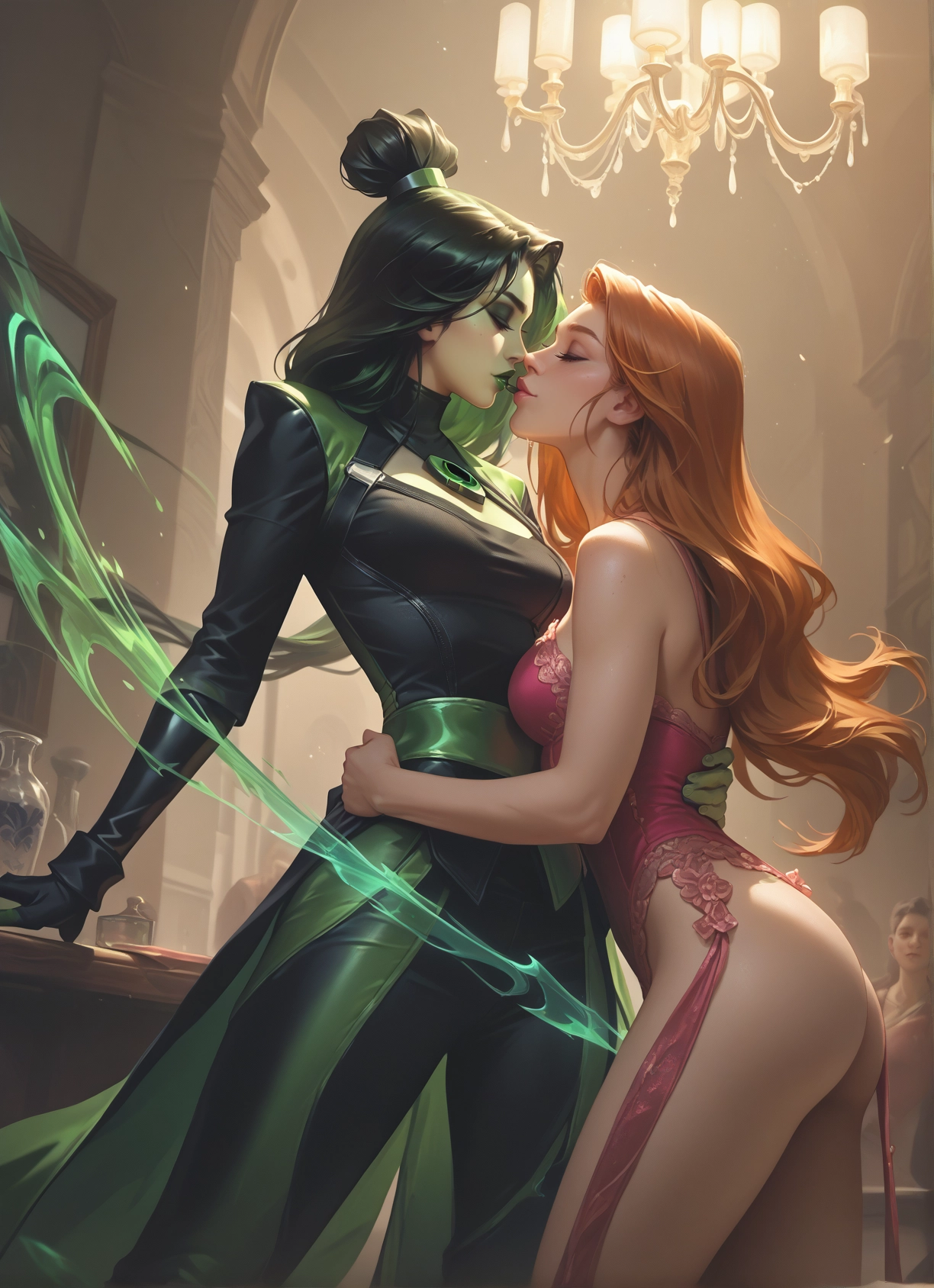 multiple girls, 2girls, yuri, closed eyes, long hair, kiss · Yamete.gg
