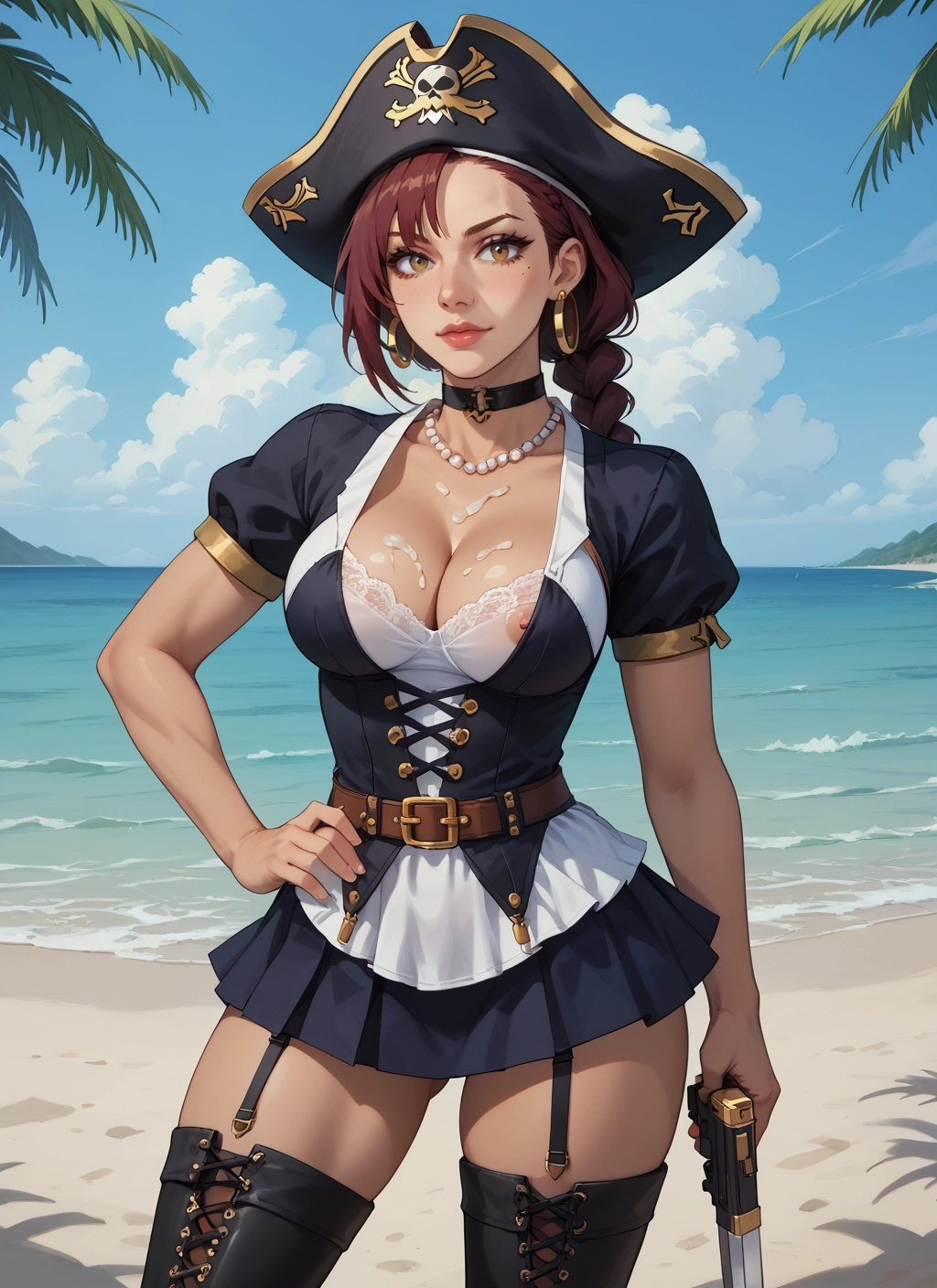1girl, breasts, weapon, thighhighs, gun, jewelry · Yamete.gg