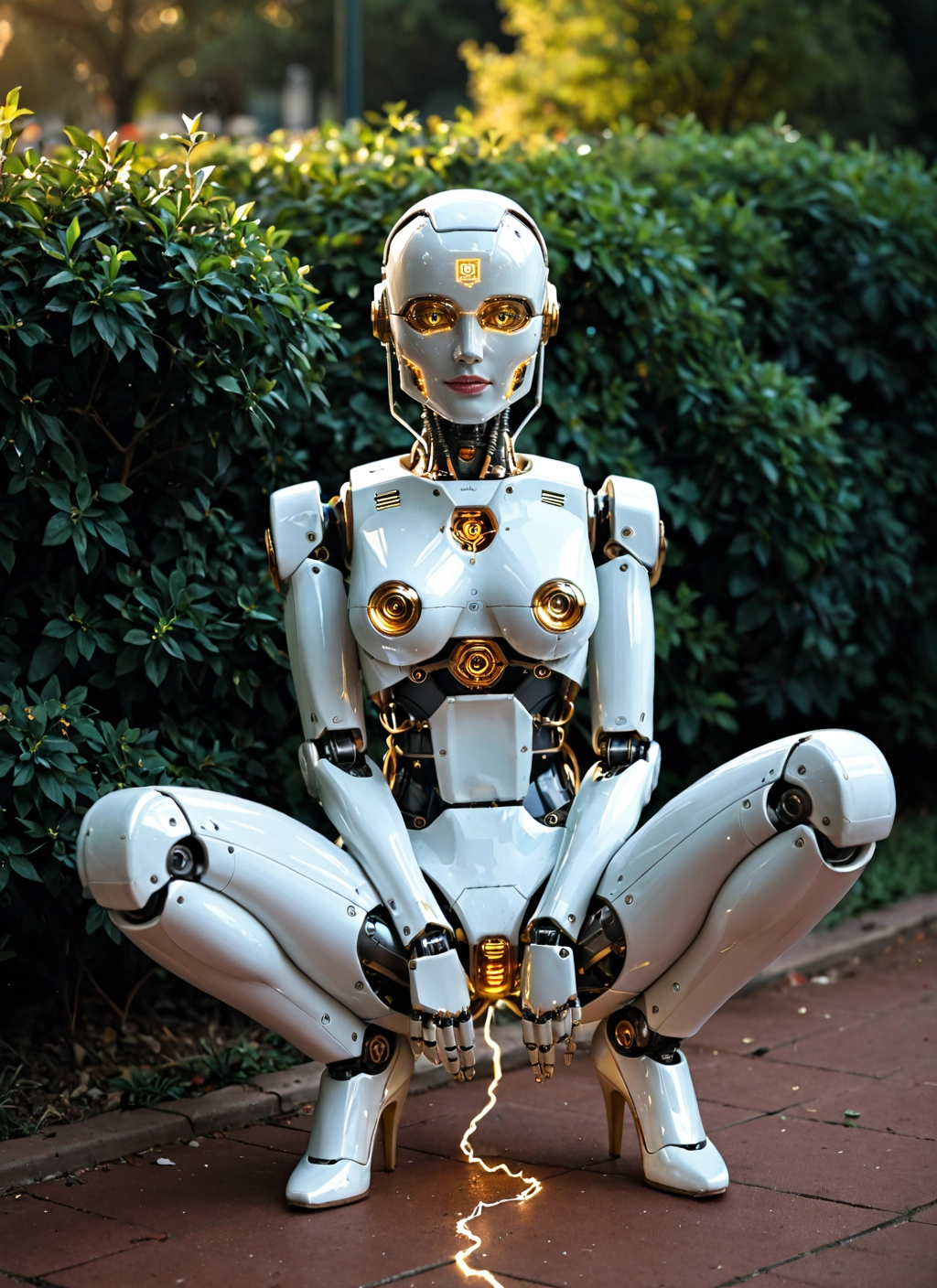 1girl, solo, squatting, high heels, humanoid robot, electricity · Yamete.gg