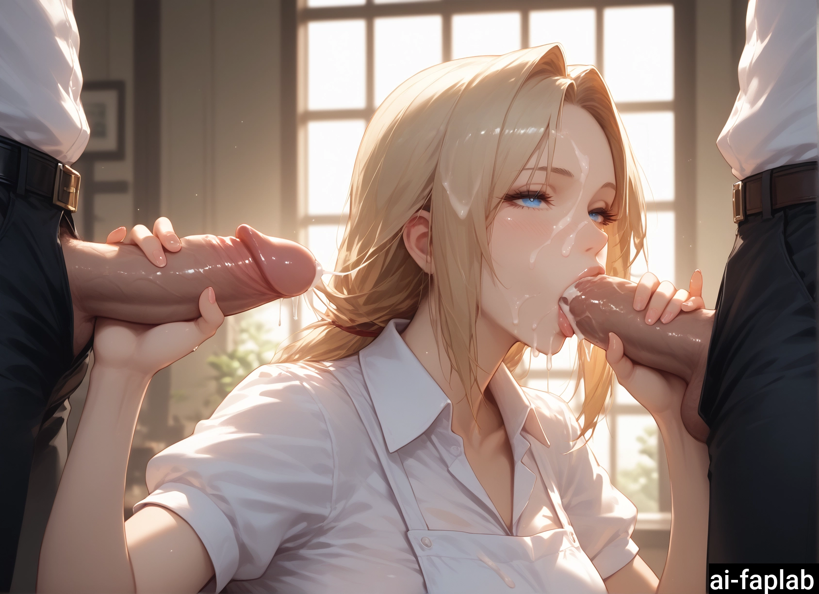 penis, 1girl, cum, hetero, blonde hair, oral · Yamete.gg