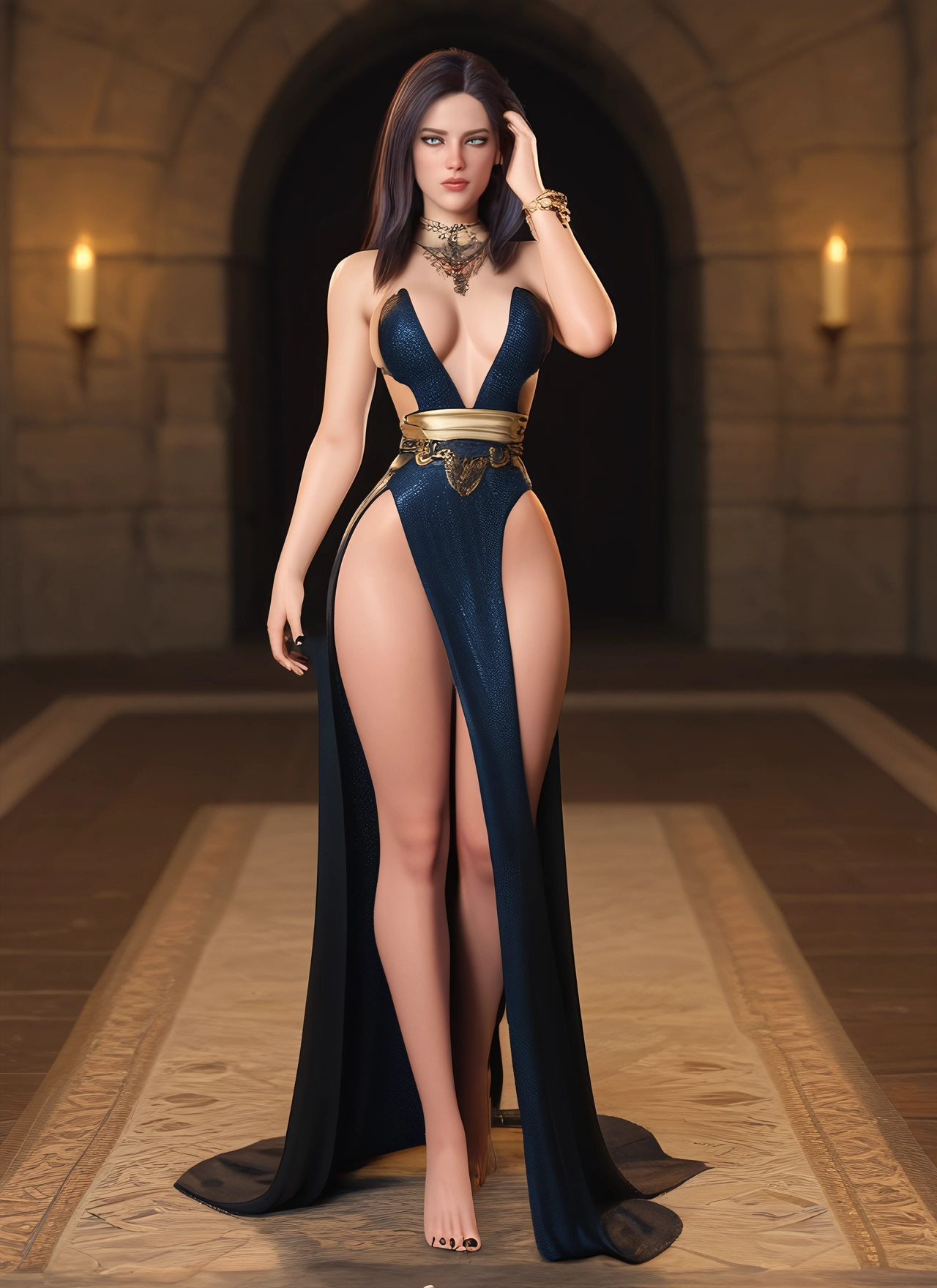 1girl, dress, breasts, jewelry, solo, barefoot · Yamete.gg
