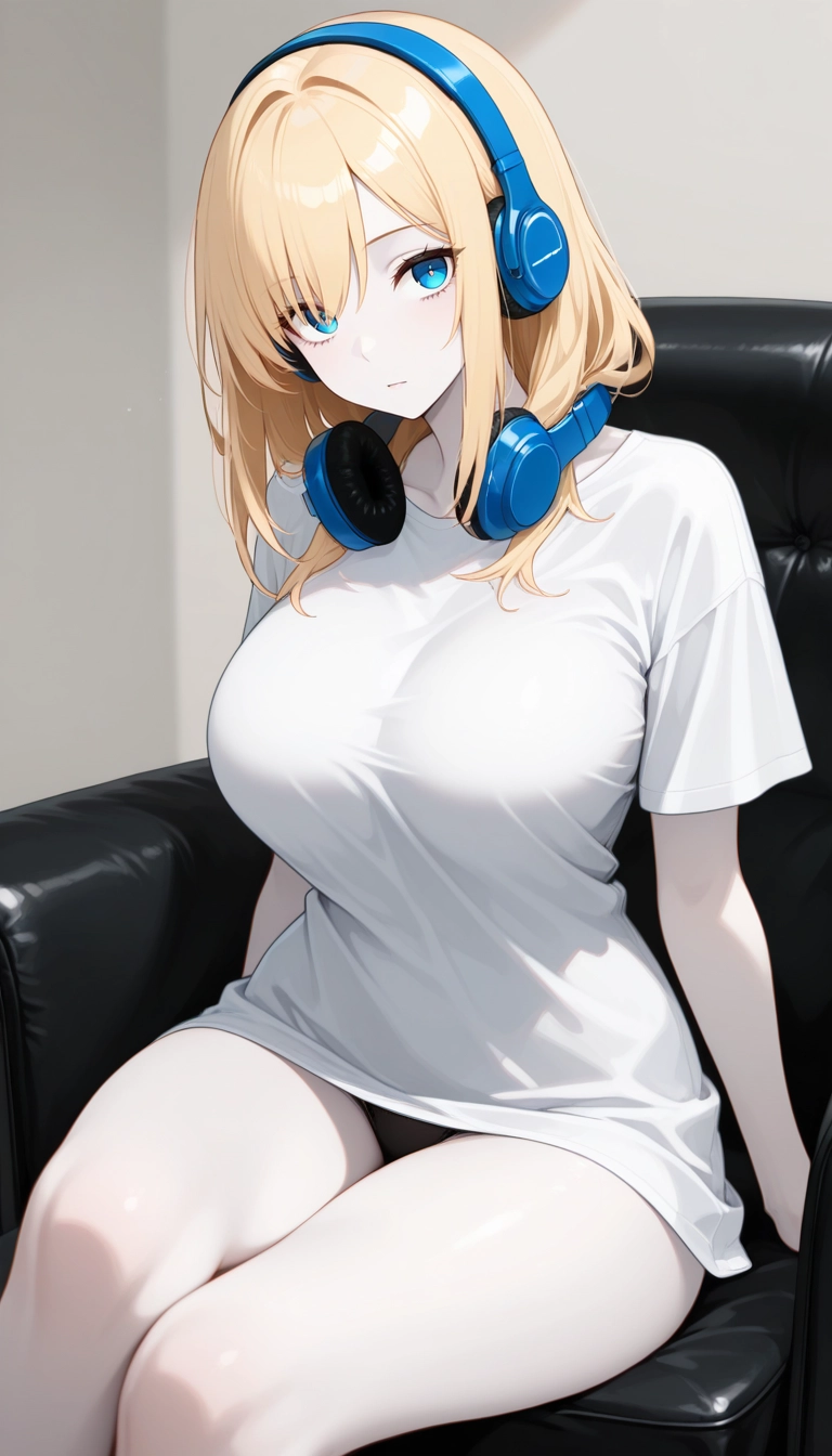 1girl, headphones, solo, breasts, shirt, blonde hair · Yamete.gg