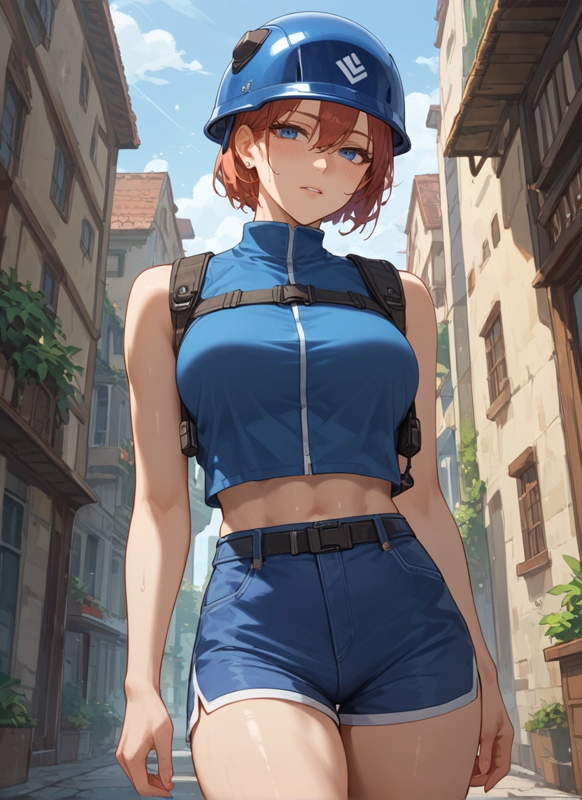 1girl, shorts, blue eyes, solo, short hair, breasts · Yamete.gg