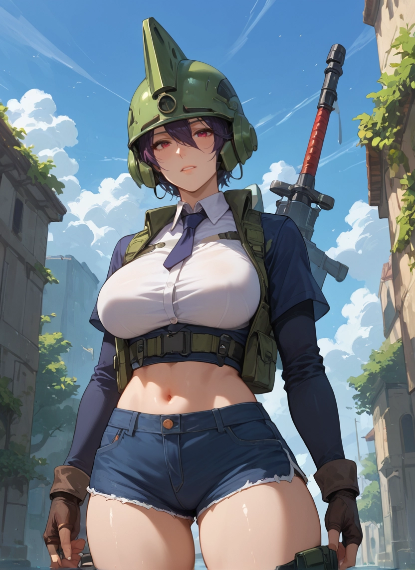 1girl, breasts, gloves, shorts, navel, weapon · Yamete.gg