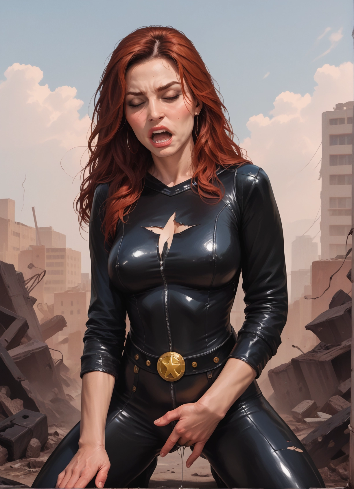1girl, solo, bodysuit, torn clothes, pussy juice, closed eyes · Yamete.gg