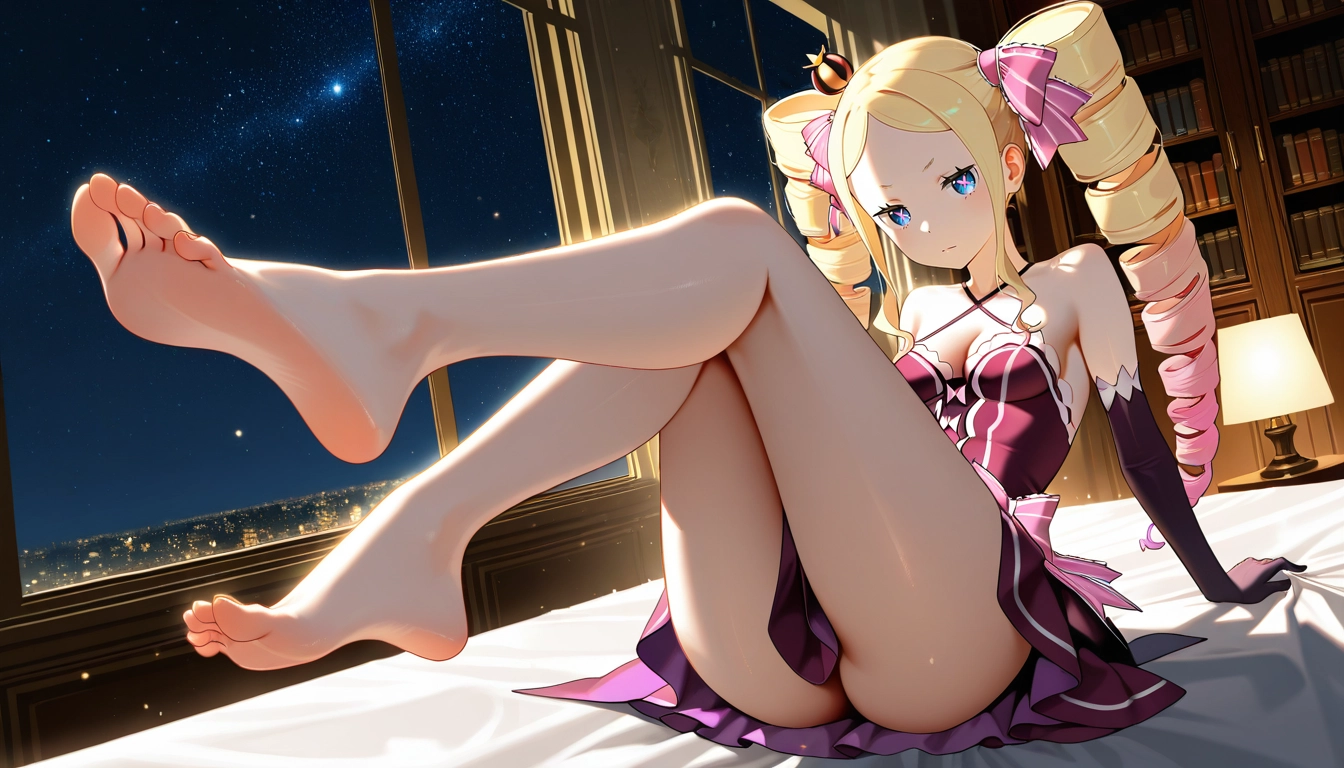 1girl, mini crown, blonde hair, crown, twin drills, barefoot