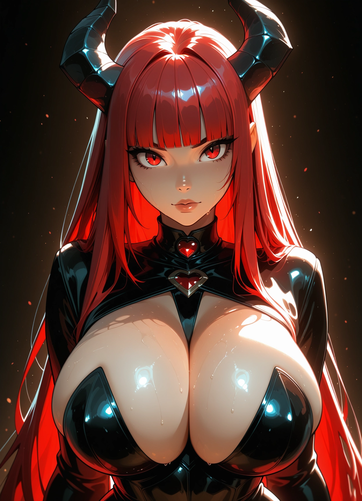 1girl, breasts, red eyes, solo, horns, long hair