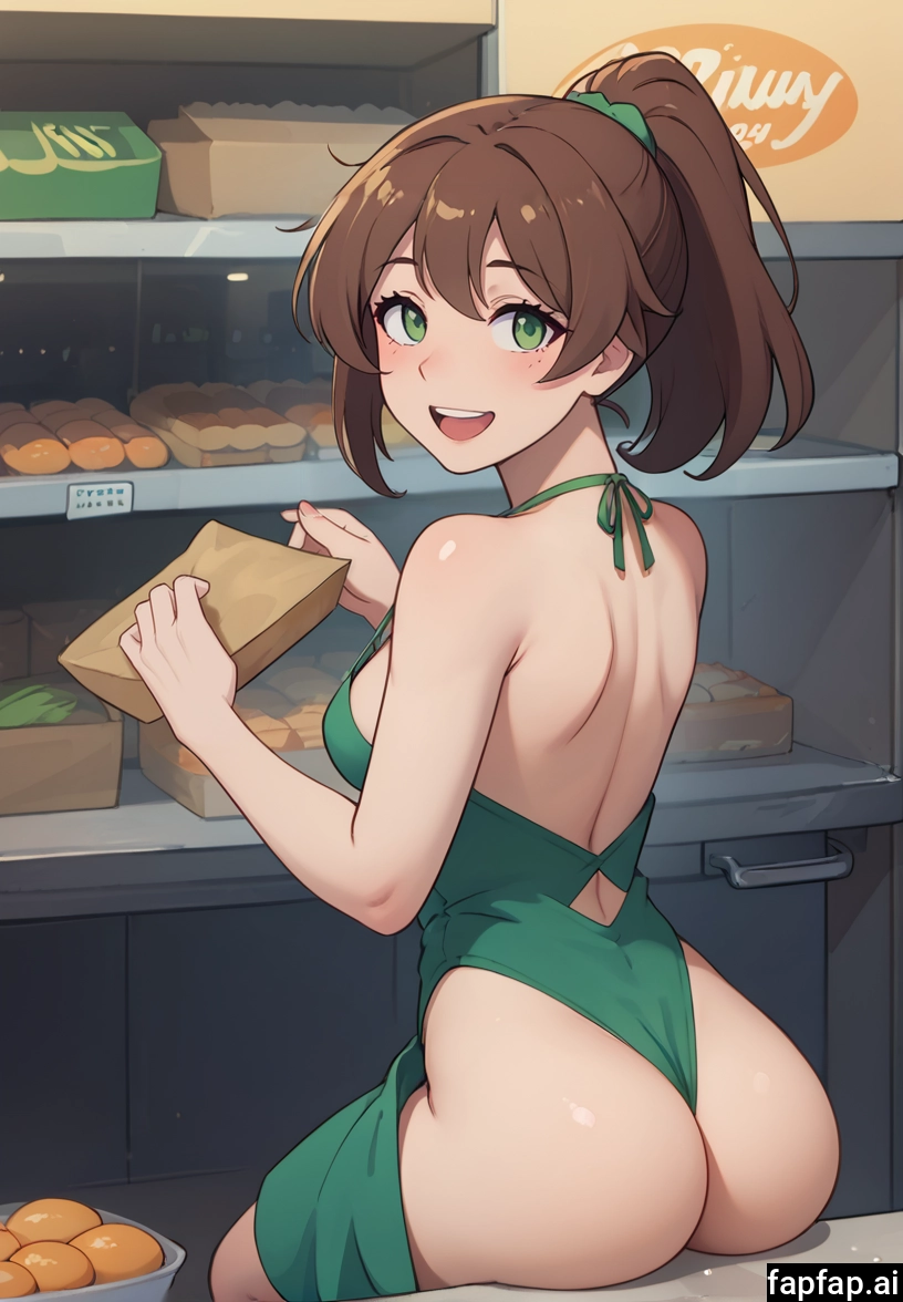 1girl, green eyes, solo, ass, brown hair, smile · Yamete.gg