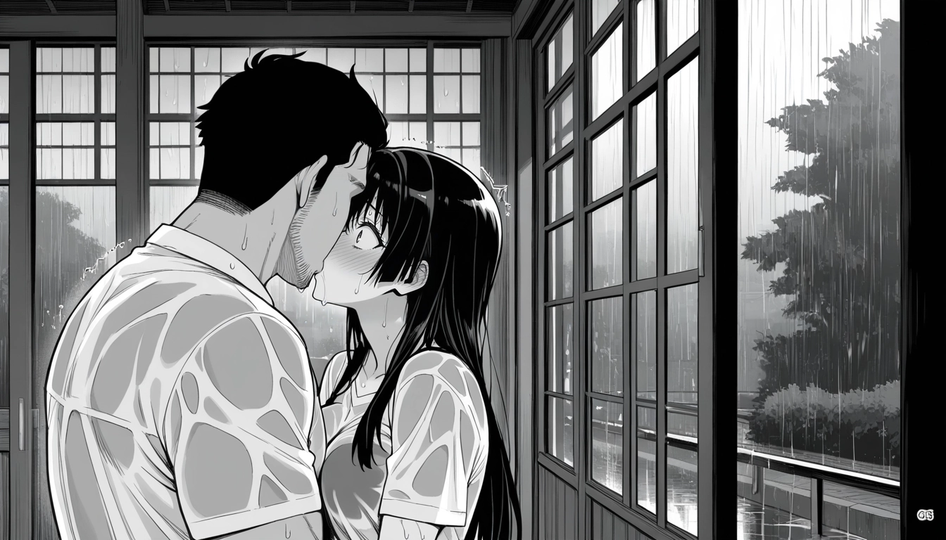 kiss, 1girl, 1boy, monochrome, greyscale, hetero · Yamete.gg