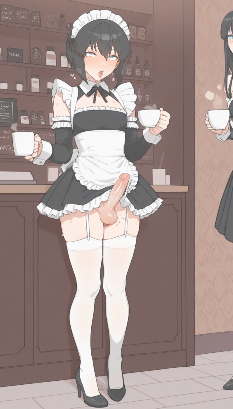 tongue out, maid headdress, erection, testicles, tongue, thighhighs