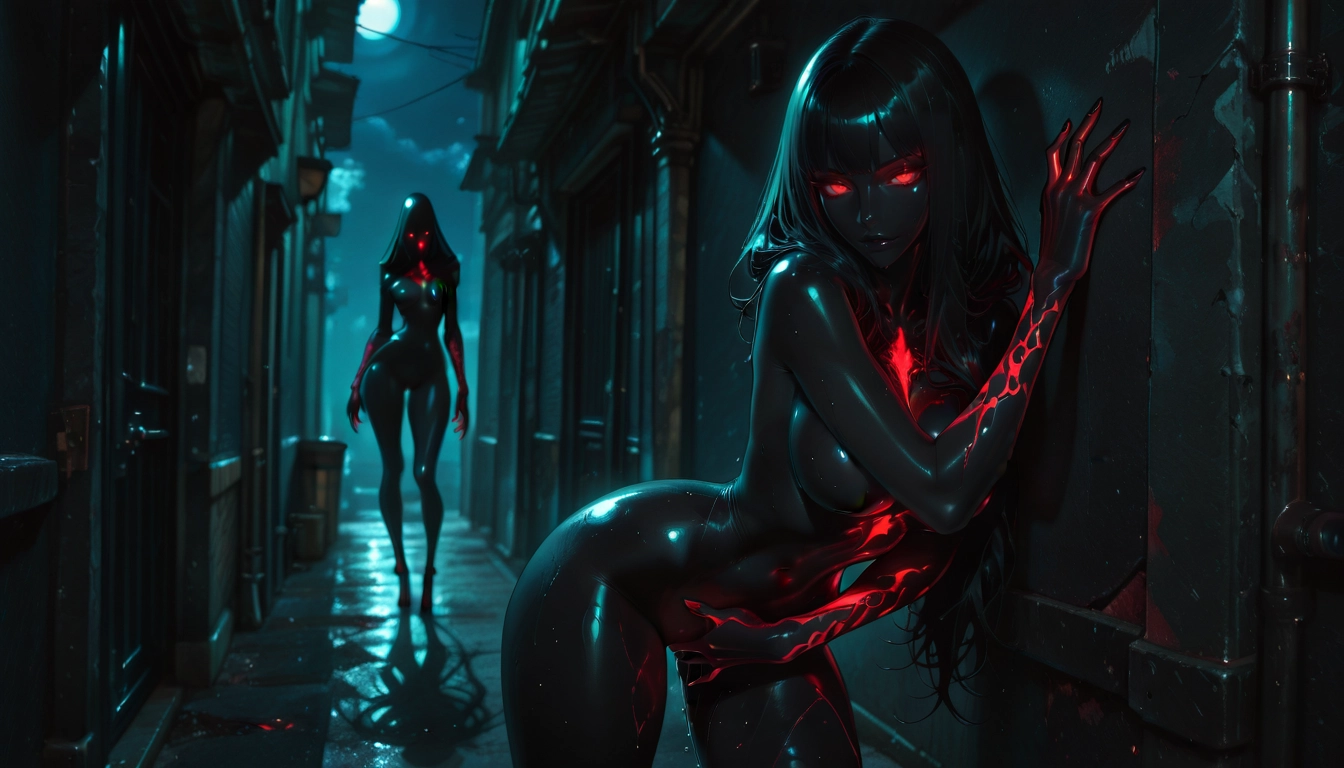 red eyes, long hair, breasts, looking at viewer, black hair, glowing eyes · Yamete.gg