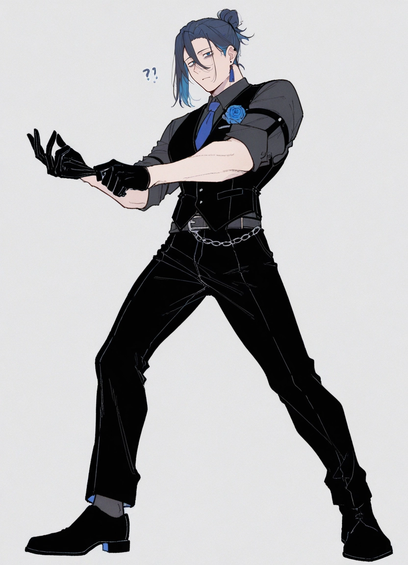 1boy, male focus, blue hair, gloves, solo, necktie · Yamete.gg