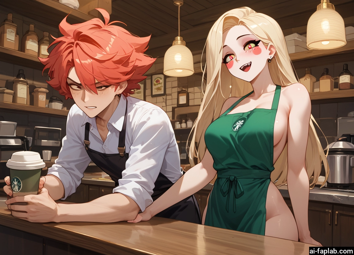 1girl, 1boy, breasts, apron, naked apron, blonde hair · Yamete.gg