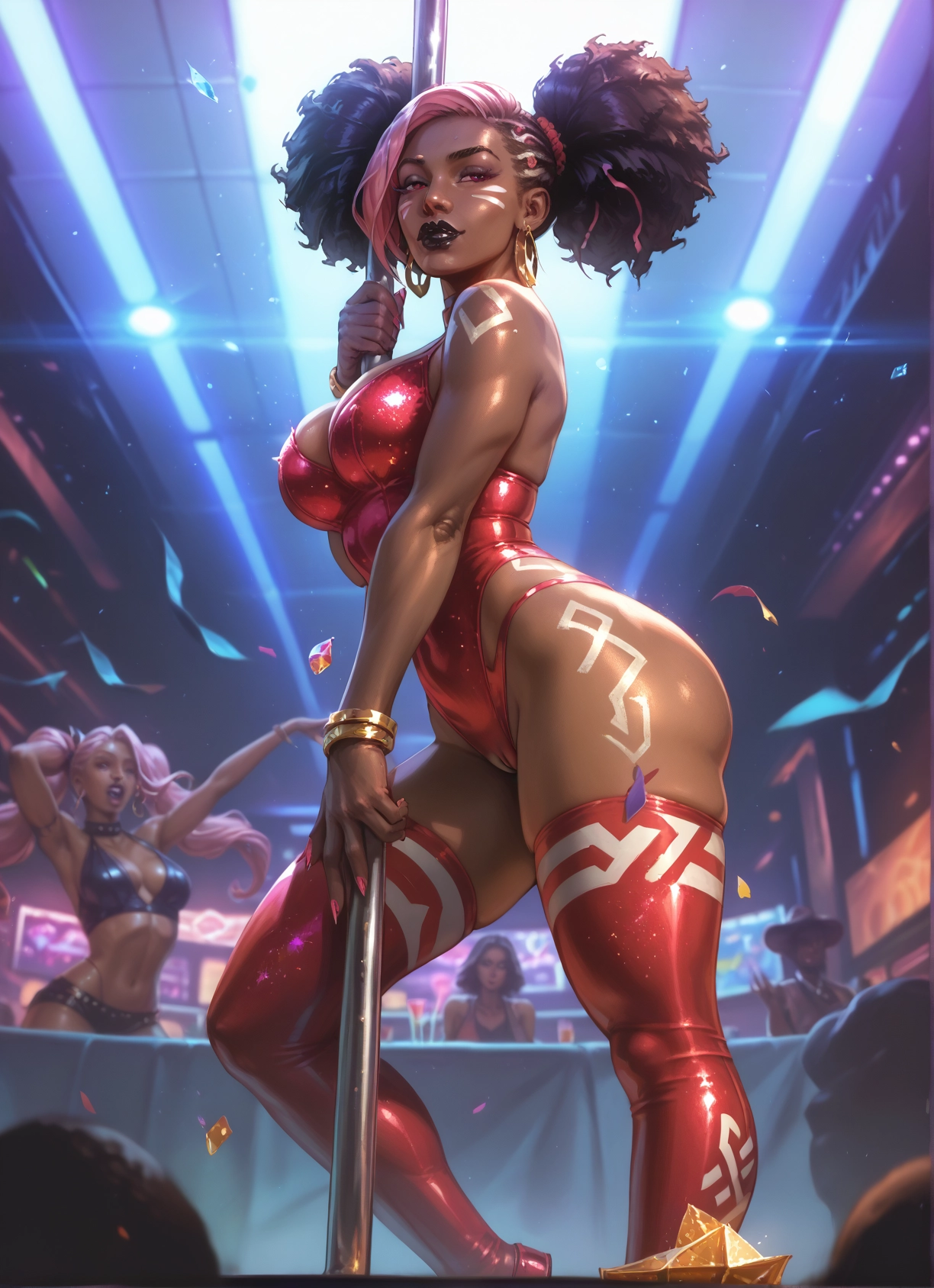 breasts, jewelry, multiple girls, earrings, thighhighs, stripper pole · Yamete.gg