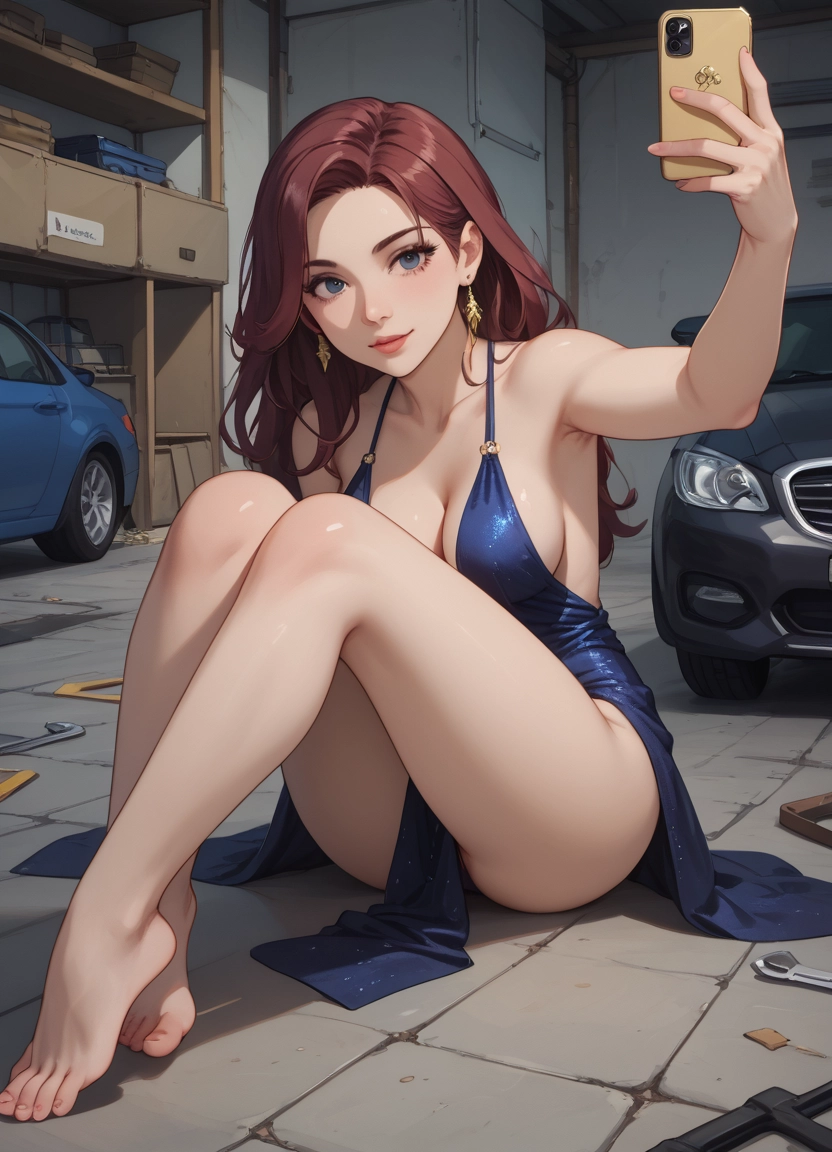 1girl, breasts, barefoot, phone, dress, jewelry
