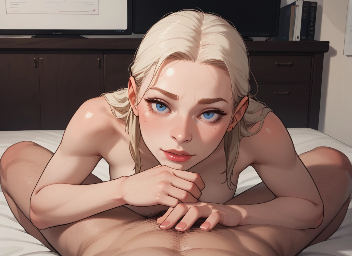 1girl, 1boy, blue eyes, hetero, pov, male pubic hair