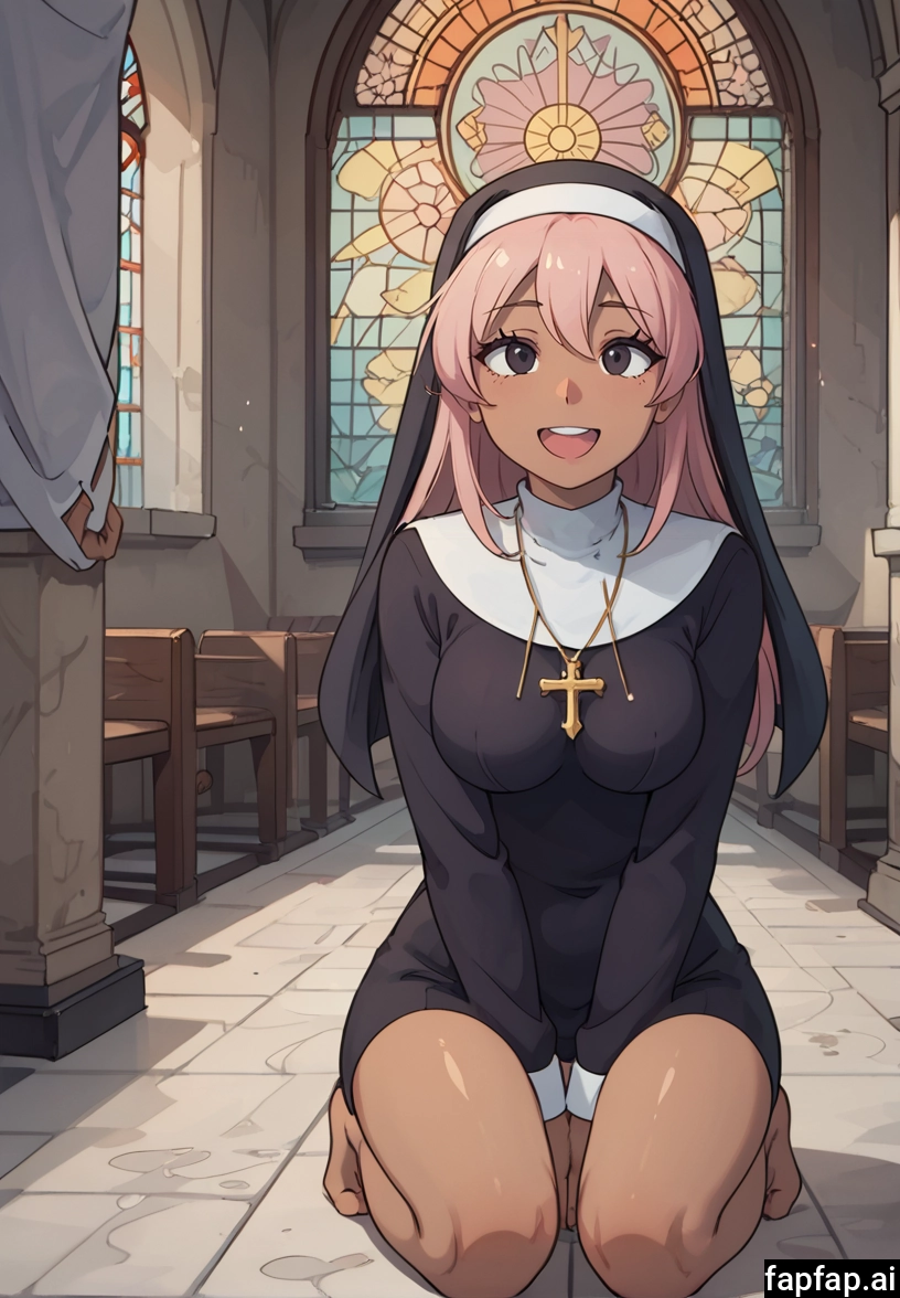 1girl, breasts, pink hair, jewelry, nun, cross