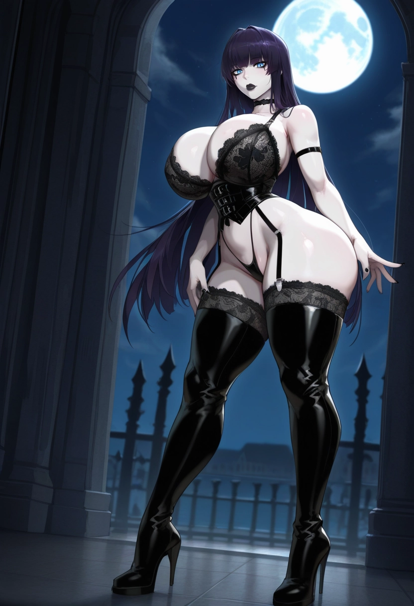 1girl, breasts, black nails, solo, thighhighs, night · Yamete.gg