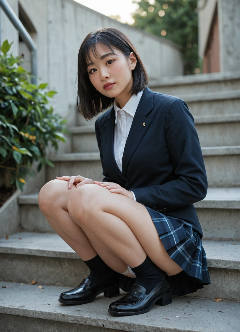 1girl, solo, squatting, skirt, shoes, school uniform · Yamete.gg