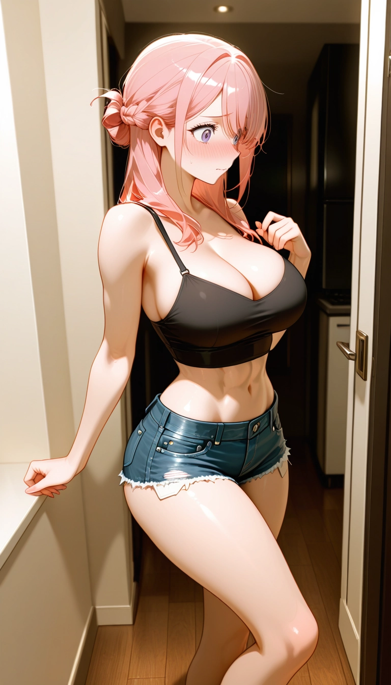 1girl, breasts, blue eyes, solo, shorts, cleavage · Yamete.gg